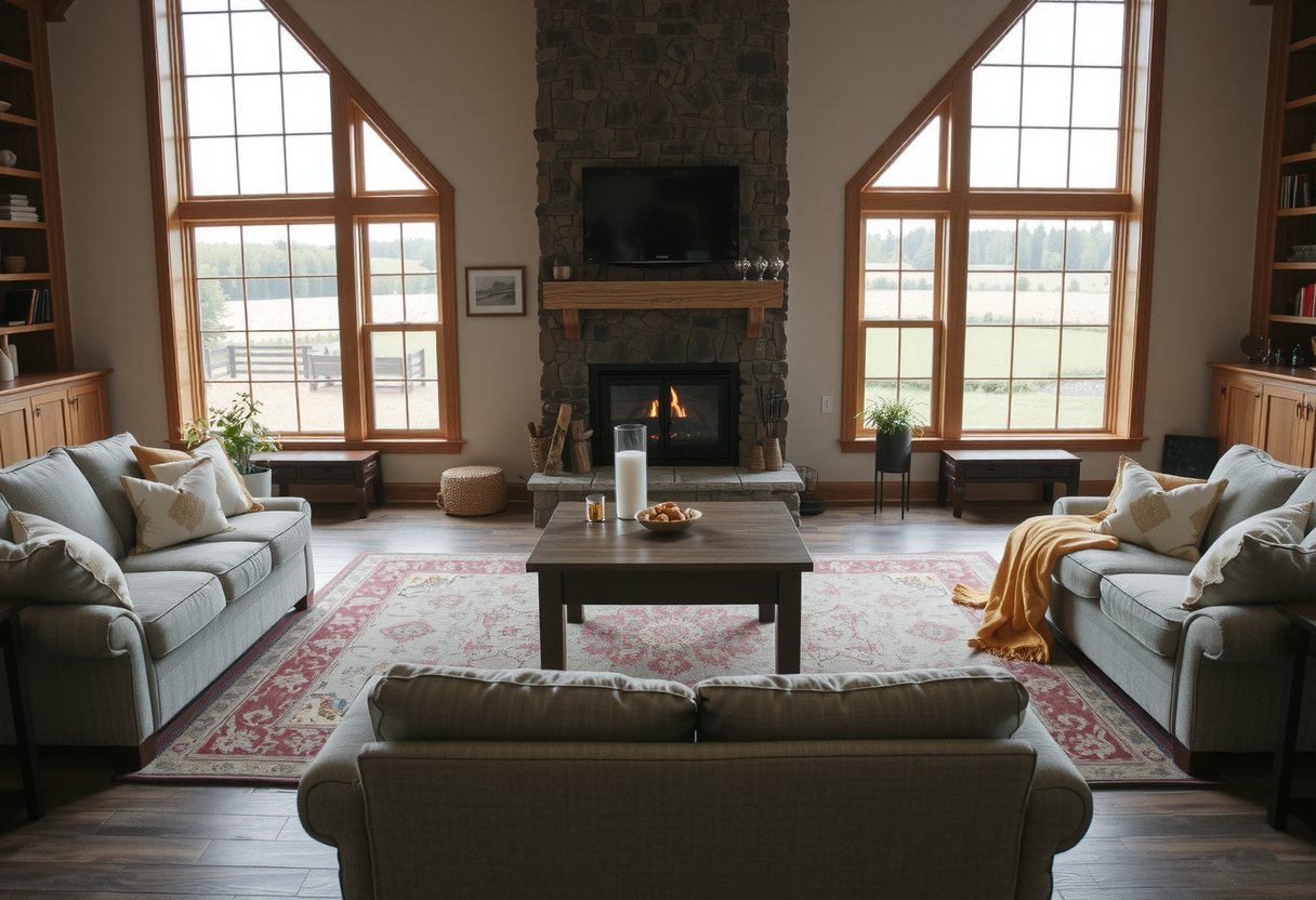 Spacious common area in the farmhouse with fireplace and family seating