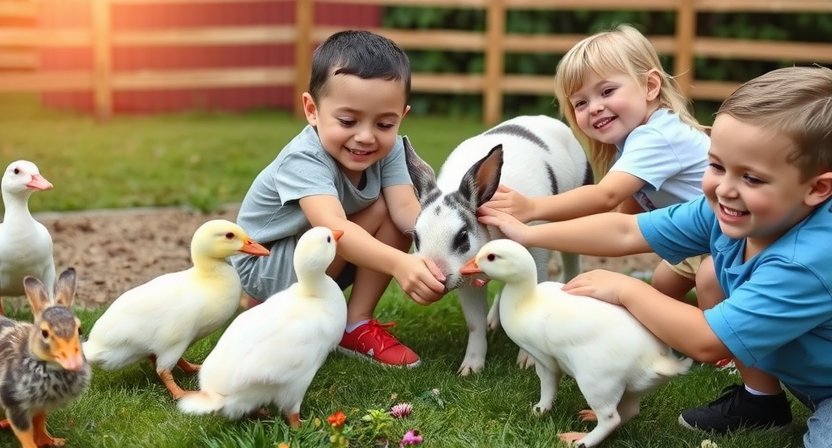 Children petting goats at Playbusid Farm petting zoo